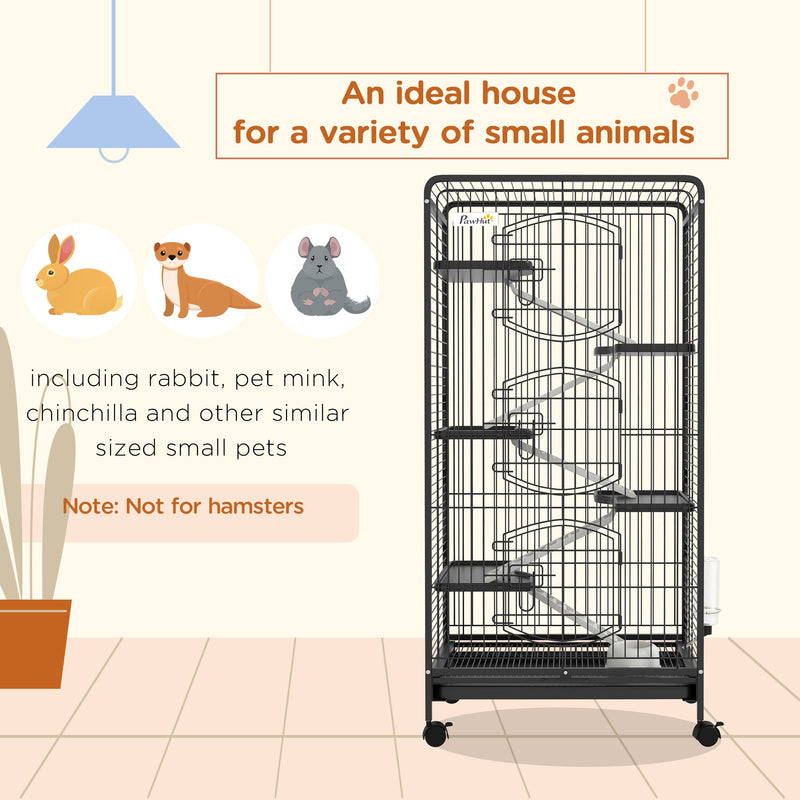 6 Level Small Animal Cage for Dwarf Rabbits, Pet Minks, and Chinchillas w/ Removable Tray, Ramp, Water Bottle, Food Dish, Small Pet Cage for Indoor Use, Black