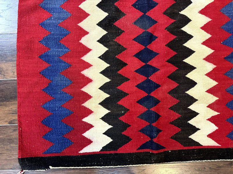 Antique Navajo Rug 3.7 x 2.8, Red Ivory Blue, Zig Zag Pattern, Handmade, Wool