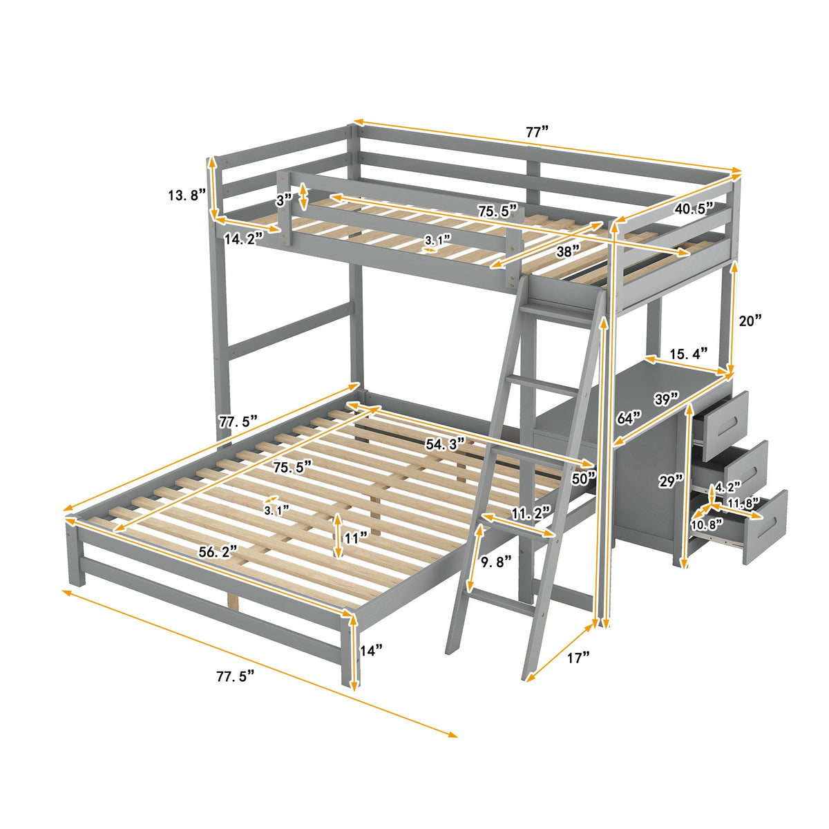 Bunk Bed With Built In Desk And 3 Drawers, photo 25 of 37