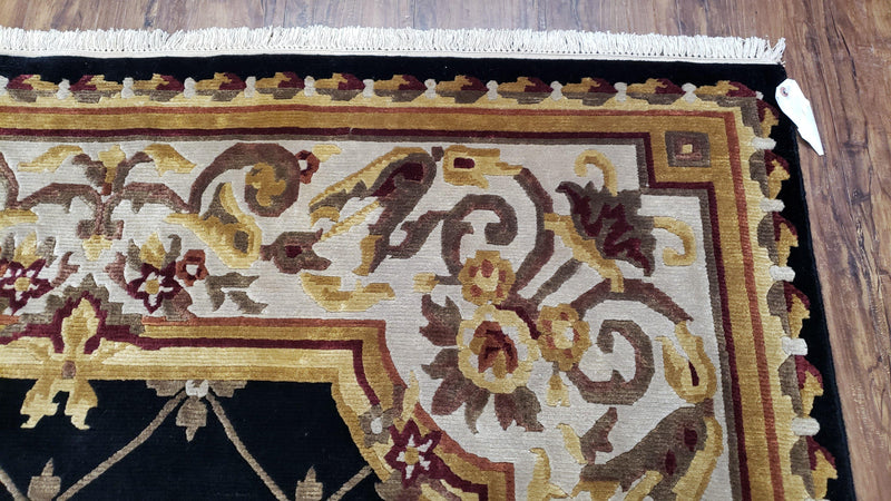 6x9 Nepalese Rug, Aubusson Savonnerie Area Rug 6 x 9 with Soft Pile, Hand-Knotted Wool Black & Beige Tibetan New Carpet European Design