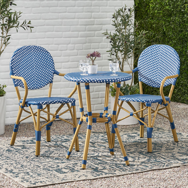 Walker Edison - Outdoor PE Rattan and Aluminum 3 Piece French Bistro Set, Dark Teal & White, and Bamboo Finish