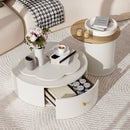 Modern Round Coffee Table (Set of 2), 360 Degree Rotatable Flower Shaped Top With 2 Drawers, Top Circle Side Table End Table With Glass For Living Room - Off White