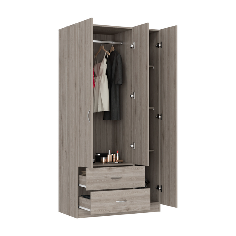 Walker Edison - Austral 3 Door Armoire with Two Drawers, Shelves, and Hanging Rod - Light Gray