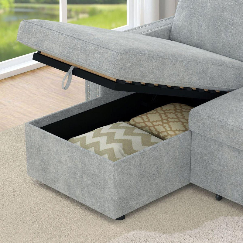 85 Inches Sofa Bed, 3 Seater Sleeper Sofa with Storage Chaise, Square Handrail With Pull and Copper nail,Chenille-Light Grey, Pull Out Couch for Living Room