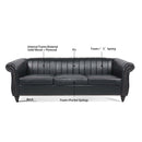 83.46" Black PU Rolled Arm Chesterfield Three Seater Sofa.