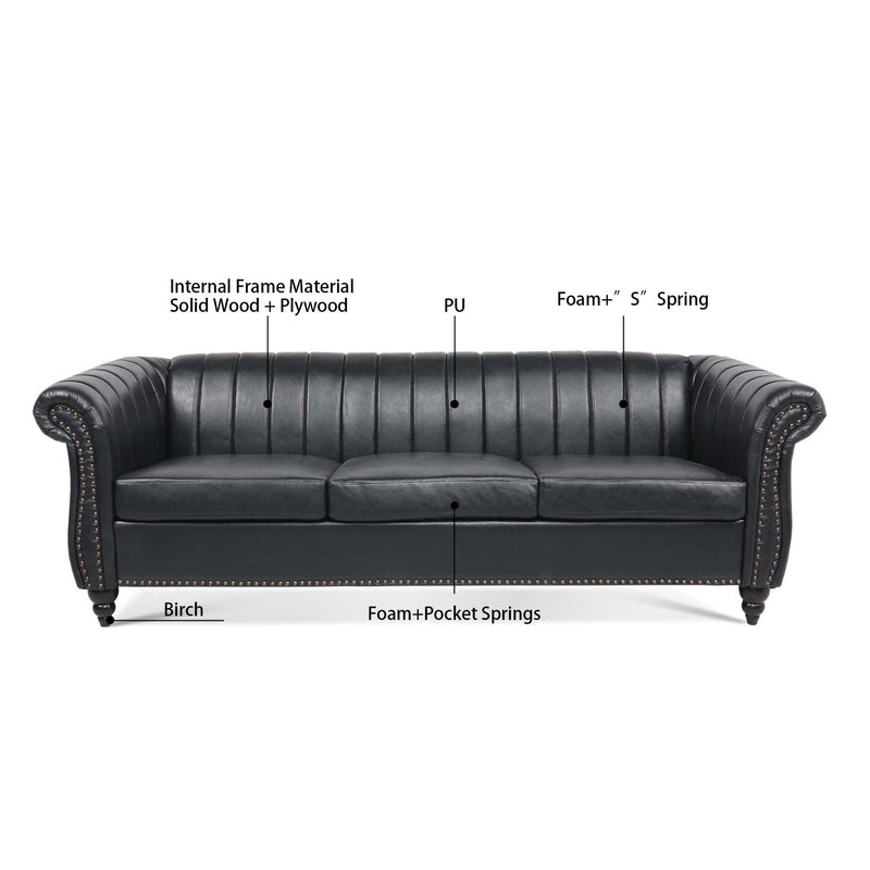 83.46" Black PU Rolled Arm Chesterfield Three Seater Sofa.