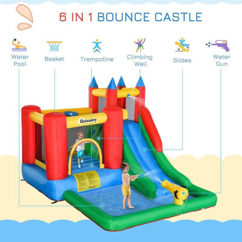 6-in-1 Kids Bounce House Inflatable Water Slide with Pool, Water Cannon, Climbing Wall, Inflator Included, Jumping Castle Kids Backyard Activity Outdoor Water Play Toy