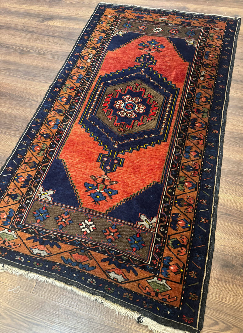 Persian Rug 3x6, Geometric Medallion, Village Tribal Rug, Terracotta and Navy Blue, Antique Nahavand Hamadan Rug