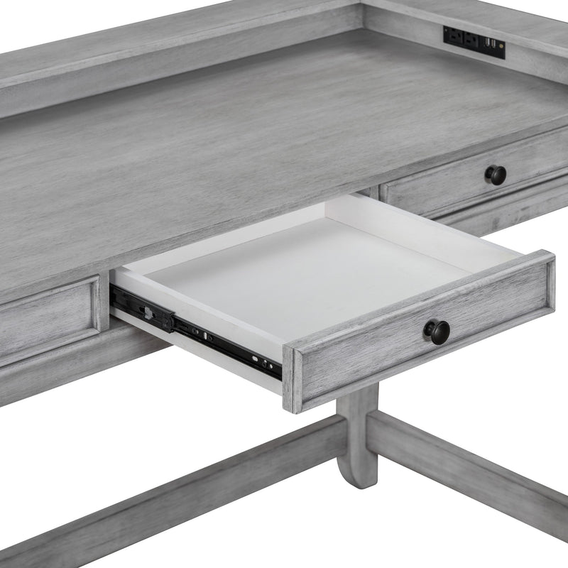 4-piece Dining Bar Table Set with 3 Upholstered Stools, Multifunctional Dining Table with 3 Drawers (Gray)