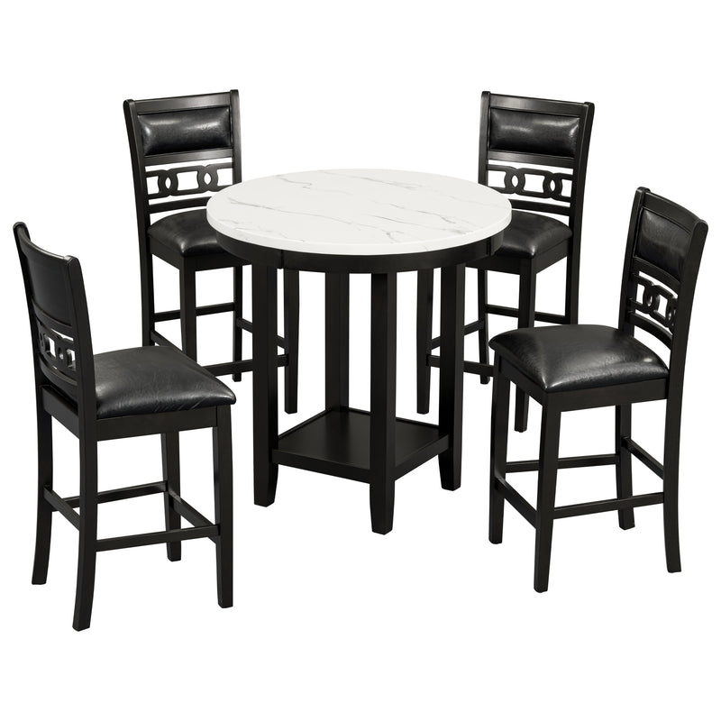 5-piece Counter Height Dining Round Table Set with One Faux Marble Top Dining Table and Four PU-leather Chairs,Dark Espresso