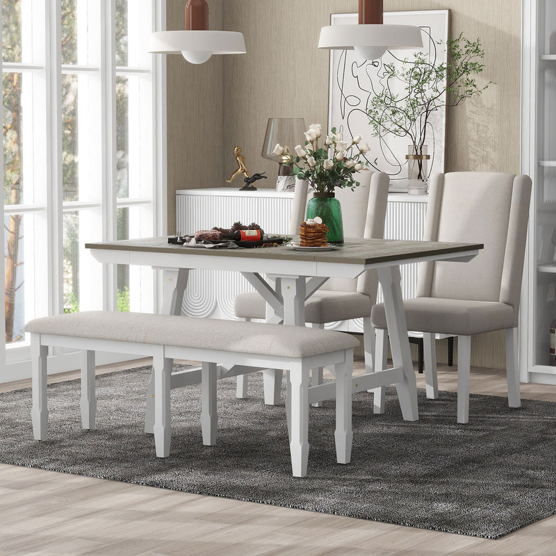6-Piece Classic Dining Table Set, Rectangular Extendable Dining Table with two 12"W Removable Leaves and 4 Upholstered Chairs & 1 Bench for Dining Room (Brown+White)