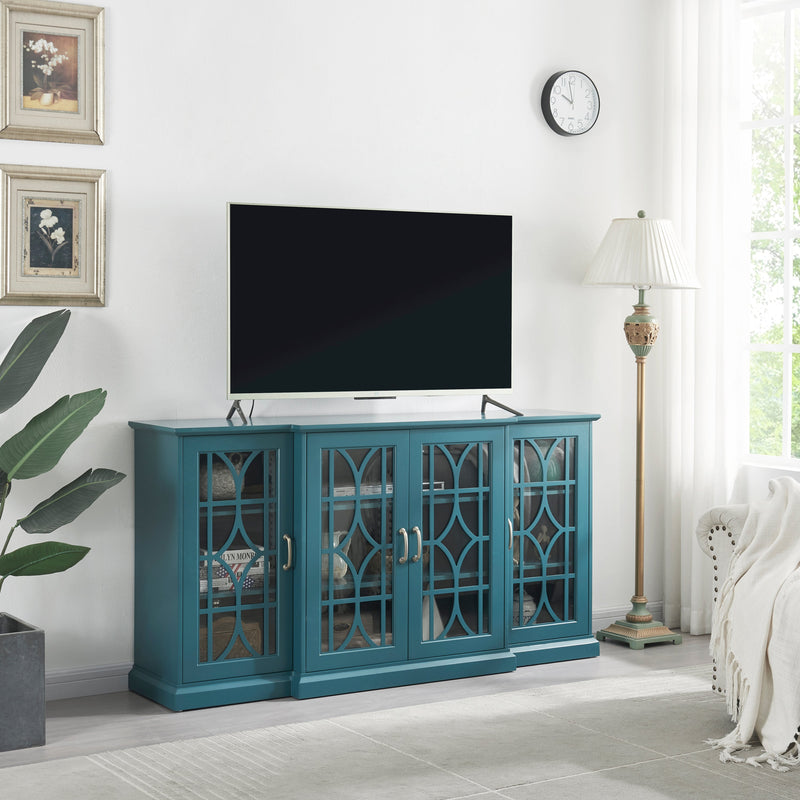 63" TV Stand, Storage Buffet Cabinet, Sideboard with Glass Door and Adjustable Shelves, Console Table for Dining Living Room Cupboard, Teal Blue