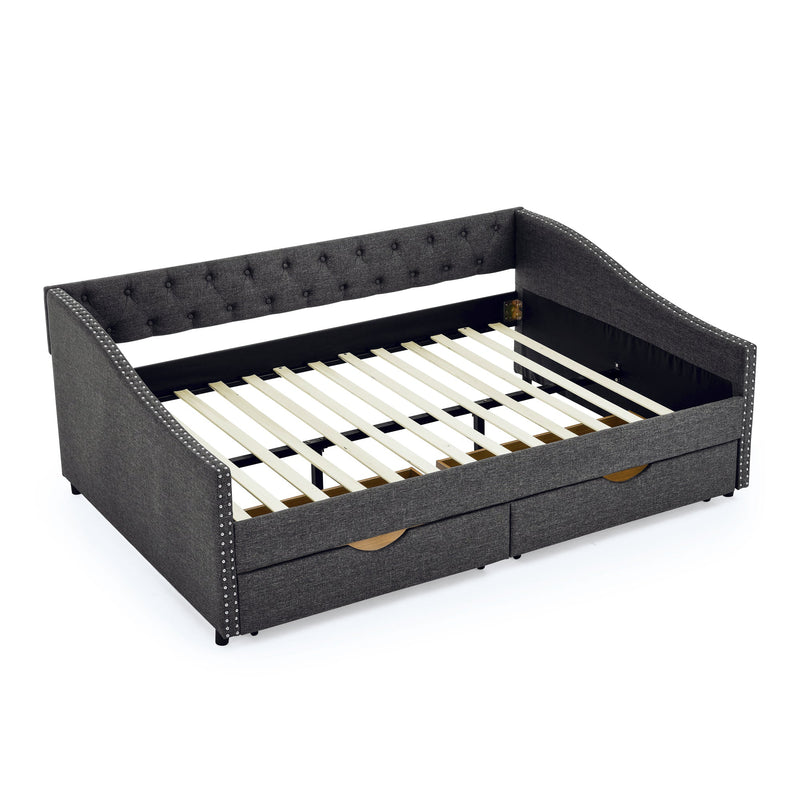 Full Size Daybed with Drawers Upholstered Tufted Sofa Bed, with Button on Back and Copper Nail on Waved Shape Arms(80.5"x55.5"x27.5")