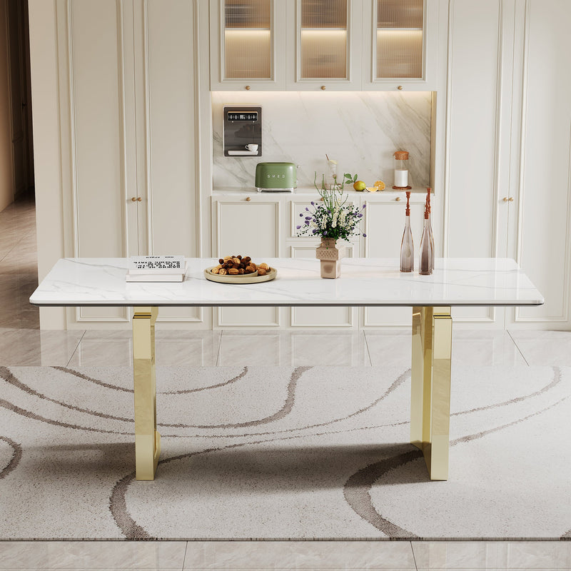 0.47" Thick Sintered Stone Composite Tempered Glass Top Rectangular Dining Table with Stainless Steel Base