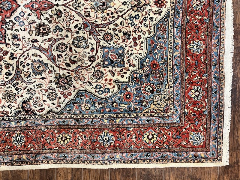 Persian Sarouk Rug 8x12, Wool Hand Knotted Antique Carpet, Floral Medallion, Cream Red, Traditional Oriental Rug