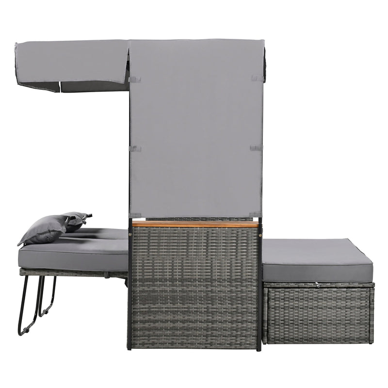 2-Piece Rattan Outdoor Patio Bench Lounge Roof Set, Effective UV Protection Fabric & Waterproof Cushions and Adjustable Backrest for Garden, Backyard and Porch (Grey Wicker + Grey Fabric)