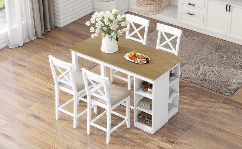 60"Lx30"W Solid Wood Farmhouse Counter Height Dining Table Set with 3-Tier Storage Shelves, Upholstered Dining Chairs for 4, 5-Piece, White