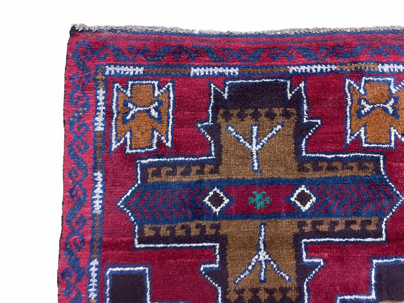 2' 10" X 4' 9" Vintage Handmade Tribal Wool Rug Balouchi Rug Afghan Rug Red Blue