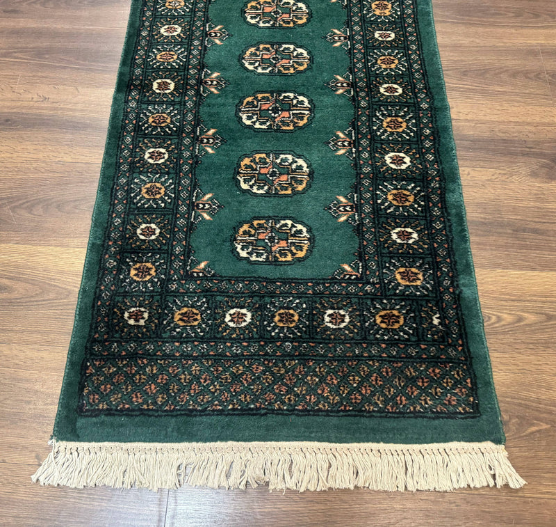 Pakistani Bokhara Runner Rug 2.5 x 11, Green Turkoman Wool Runner for Hallway