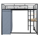Loft Bed With Desk, Shelves, Power Outlet, LED Light And Wardrobe