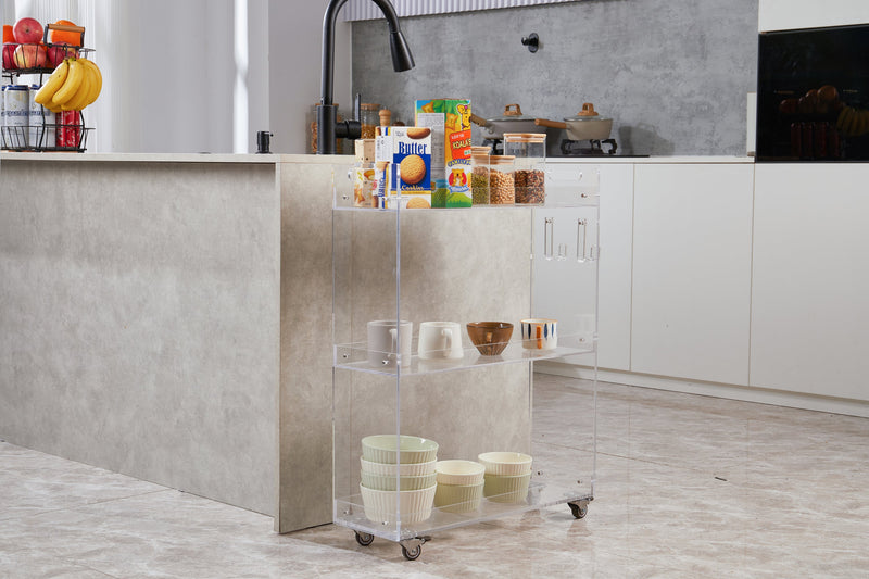 Acrylic Rolling Side Table - 3 Tiers End Table with Lockable Wheels - Small Clear Table for Living Room