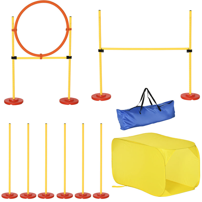 4-Piece Dog Agility Training Equipment Doggie Obstacle Course with Tunnel, Hurdle Bar, Hoop, Weave Poles, and Easy Carry Case