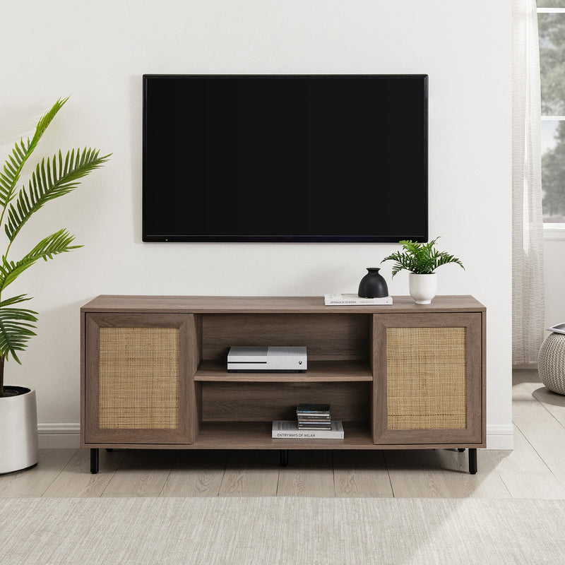 58" 2 Door Wood and Rattan TV Stand