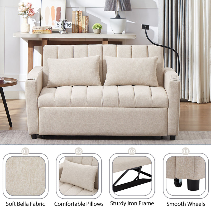 55.9" Convertible Sofa Bed Loveseat Sofa with Three USB Ports, Two Side Pockets, Two Cup Holders and 360Swivel Phone Holder for Living Room, Beige
