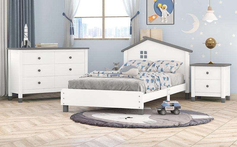 3-Pieces Bedroom Sets Twin Size Platform Bed with Nightstand and Storage dresser, White+Gray