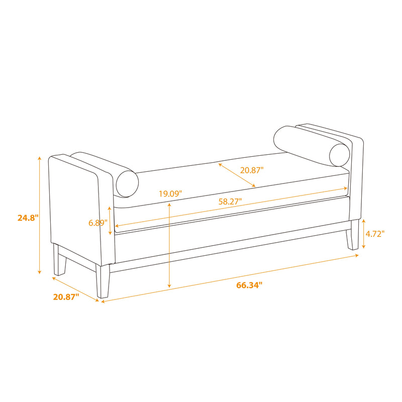 Walker Edison - 66.34"W Elegant Upholstered Bench, Daybed,Ottoman with Wood Legs & 2 Bolster Pillows for End of Bed, Bedroom, Living Room, Entryway,Gray Polyurethane(PU)