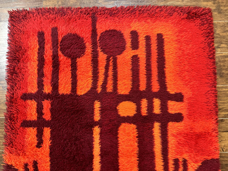 Danish Rya Shag Rug 4x6, Red Vintage Mid Century Retro Abstract Shag Rug