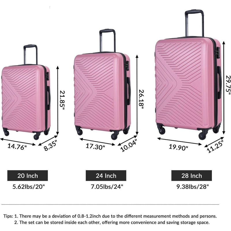 3 Piece Luggage Sets ABS Lightweight Suitcase with Two Hooks, Spinner Wheels, TSA Lock, (20/24/28), Pink