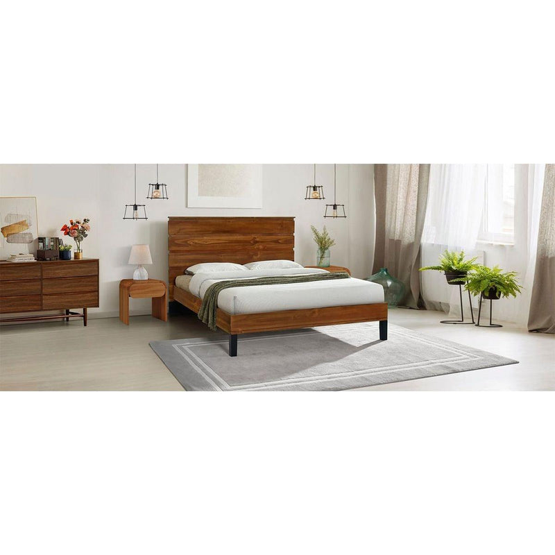 Mid-Century Modern Solid Wood Bed Frame Queen Size Platform Bed with Six-Piece Headboard Design, No Box Spring Needed, Brown