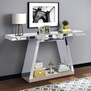 Modern Luxe Full Body Mirror Entryway Table With Trapezoid Base, 360° Reflective Console, Scratch Resistant, Open Storage - Silver by HouseOfZazla