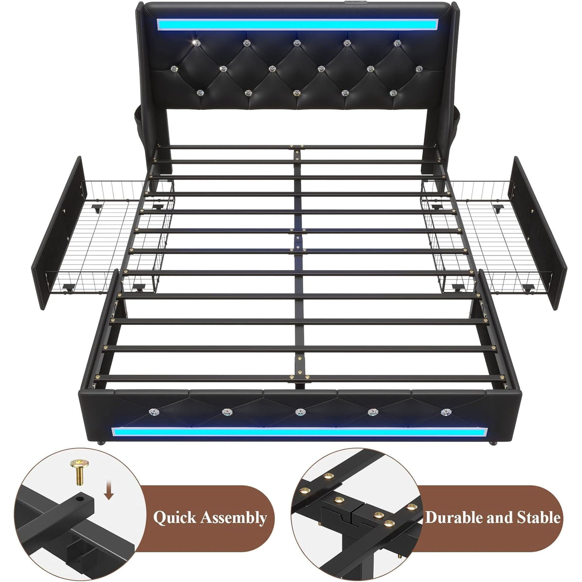 Wingback Upholstered Bed Frame With LED Lights, Charging Station, photo 28 of 40