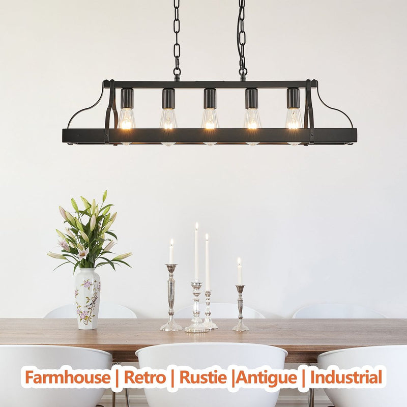 34-Inch Black Industrial Pendant Light with 5 E26 Bulb Sockets, Adjustable Chain Height – Modern Farmhouse Linear Chandelier for Dining Room, Kitchen Island, or Living Room (Bulb Not Included)