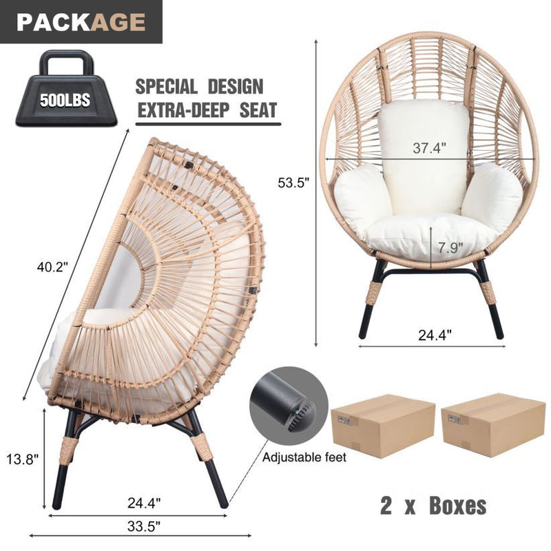 2 Pieces Patio PE Wicker Egg Chair Model 2 with Natural Color Rattan Beige Cushion