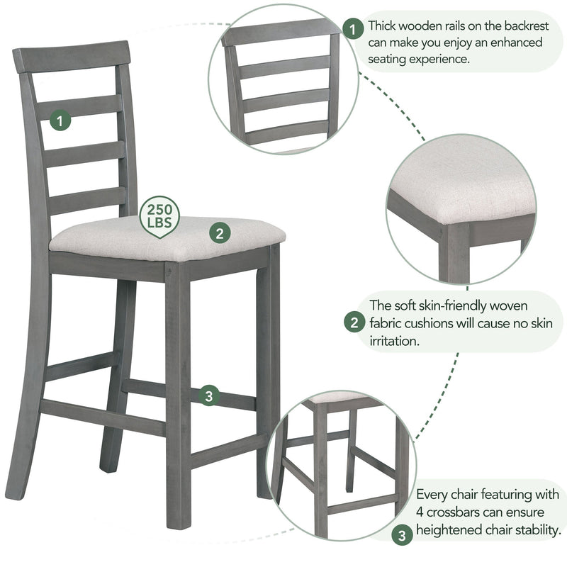 5-Piece Multi-Functional Rubber Wood Counter Height Dining Set with Padded Chairs and Integrated 9 Bar Wine Compartment, Wineglass Holders for Dining Room (Gray)