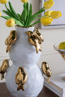 8.5x8.5x14 White Two-Tiered Ceramic Vase with Gold Bird Accents by HouseOfZazla
