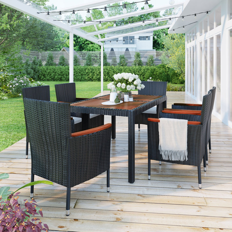 Walker Edison | Wicker Acacia Wood 7-Piece Outdoor Patio Dining Set