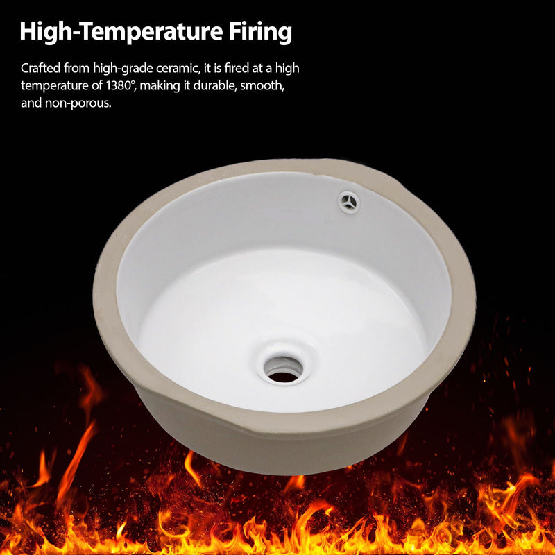 Ceramic Round Undermount Bathroom Sink With Overflow, European Style - White, photo 4 of 11
