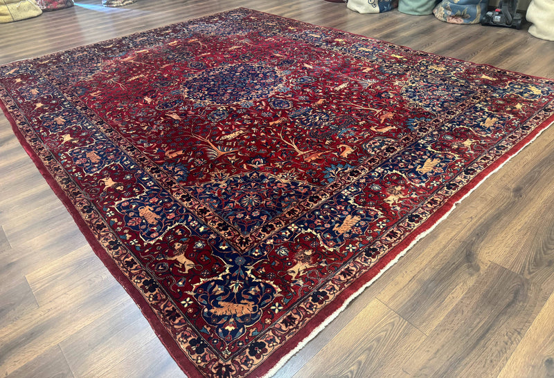 Antique Indo Persian Kerman Rug 9x12 Red Manchester Wool Animal Pictorials, Fine 290 KPSI