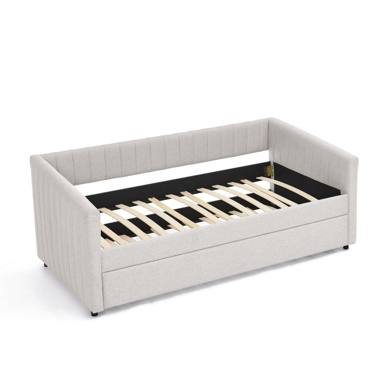 Twin Size Daybed with Trundle Upholstered Sofa Bed, with Vertical Stripes, Linen Fabric, Beige  (82.5'x43'x30')