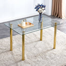 A modern minimalist style glass dining table. Transparent tempered glass tabletop with a thickness of 0.3 feet and golden metal legs. Suitable for restaurants and living rooms. 51"x31.4"x29.5"