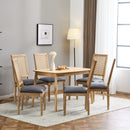 Elegant French Country Dining Chairs Set of 6 with Cane Backrest & Upholstered Seats in Blue Gray Solid Rubberwood Frame