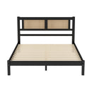 3-Pieces Bedroom Sets Queen Size Wooden Platform Bed with Natural Rattan Headboard, Nightstands Set of 2 with Rattan-Woven Surfaces and Three Drawers for Bedroom, Black