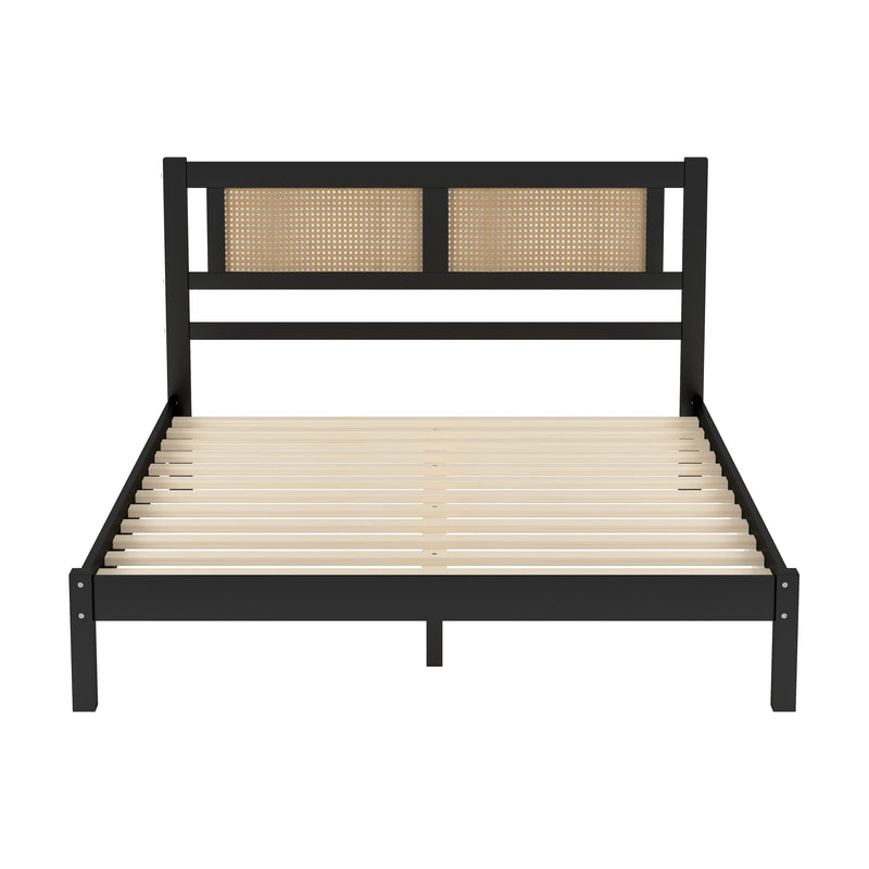 3-Pieces Bedroom Sets Queen Size Wooden Platform Bed with Natural Rattan Headboard, Nightstands Set of 2 with Rattan-Woven Surfaces and Three Drawers for Bedroom, Black
