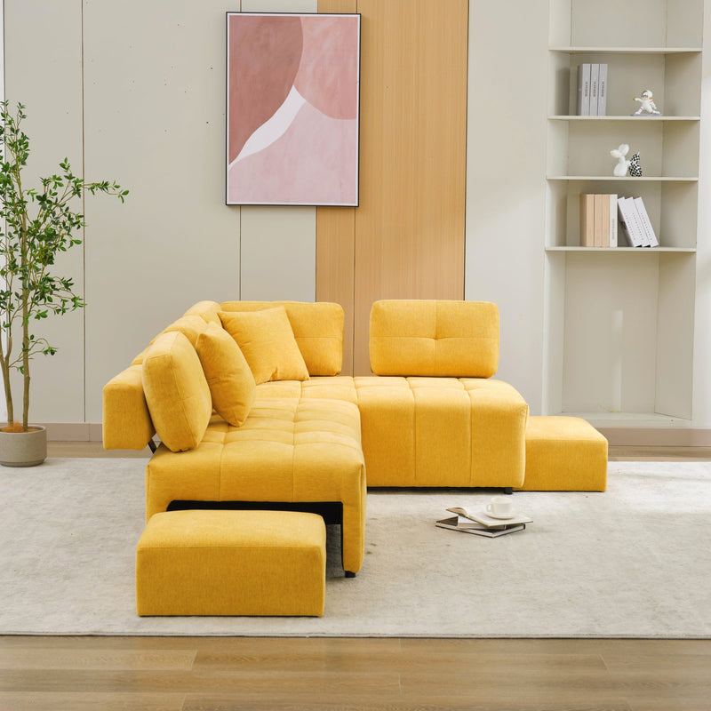 91.73" L-shaped Sofa Sectional Sofa Couch with 2 Stools and 2 Lumbar Pillows for Living Room, Yellow