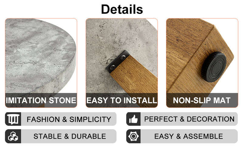 A modern and practical circular dining table. Made of MDF tabletop and wooden MDF table legs. A set of 4 cushioned chairs.
