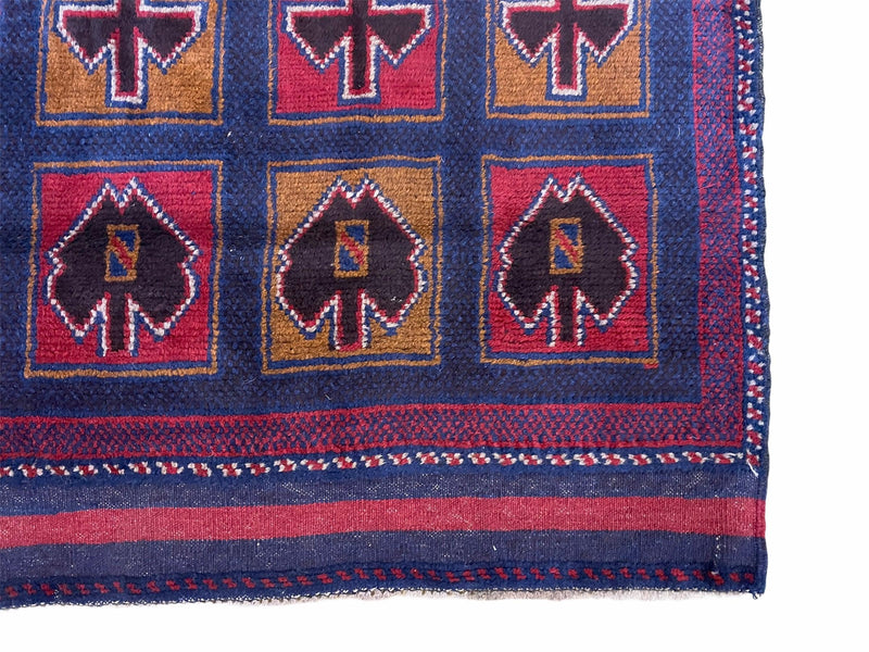 2' 9" X 4' 5" Vintage Handmade Tribal Wool Rug Balouchi Afghan Rug Blue Red 3x5